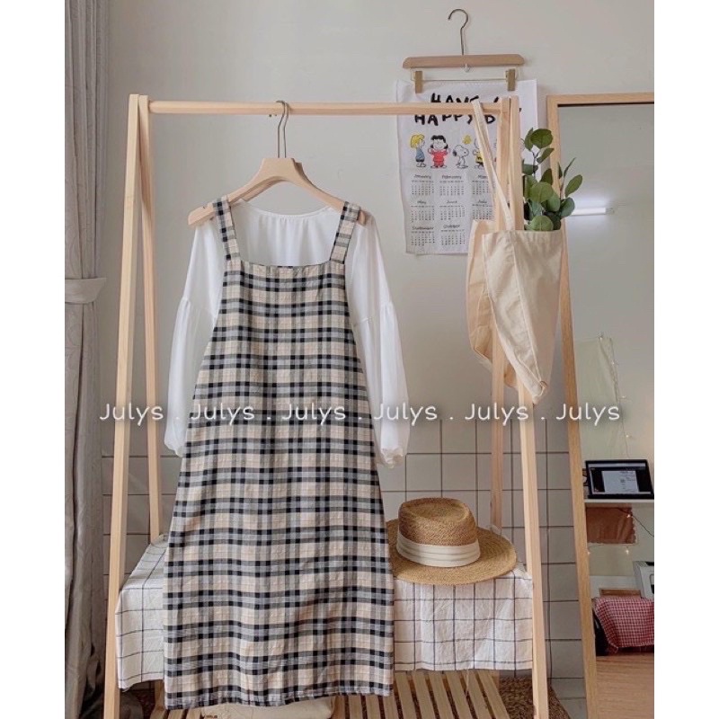 [SIÊU HOT] Set Váy Yếm BaByDoll Kẻ 🦋 Bộ Váy Yếm Kèm Áo Thun Tay Bồng Dài Tay 2 Màu 🦋