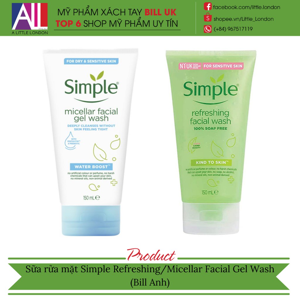[TOP 1 SHOPEE] Sữa rửa mặt Simple Refreshing/Micellar Facial Gel Wash (Bill Anh)