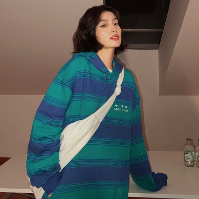 Áo Hoodie Tay Dài Dáng Rộng Họa Tiết Kẻ Sọc Thời Trang Mùa Thu Hàn Quốc Mới
