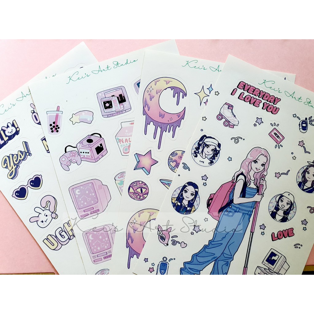 Sticker hàn quốc các thiết kế dễ thương, cô gái, hành tinh, đồ vật,... tone màu hồng tím pastel, galaxy