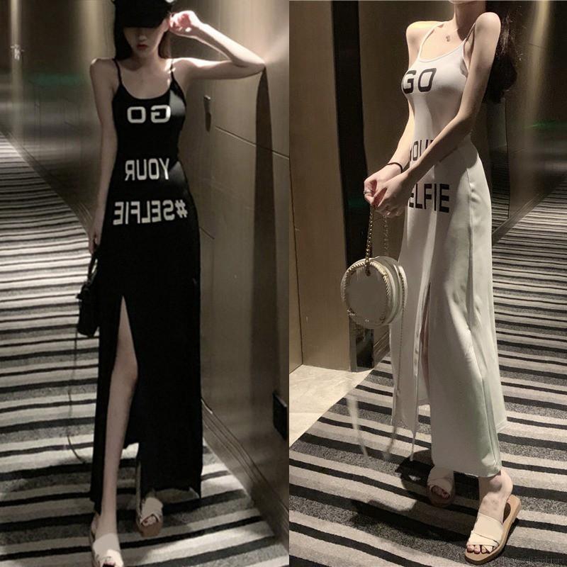 [Baywellfashion]Đầm sát nách dây mảnh hoạ tiết chữ thiết kế xẻ quyến rũ