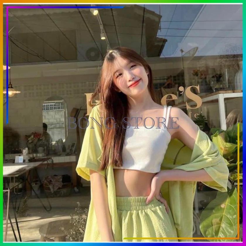 Set đồ nữ, Set 3 chi tiết đi biển áo đũi nhăn kèm brada mix quần sooc kaki siêu hot mặc đi biển.