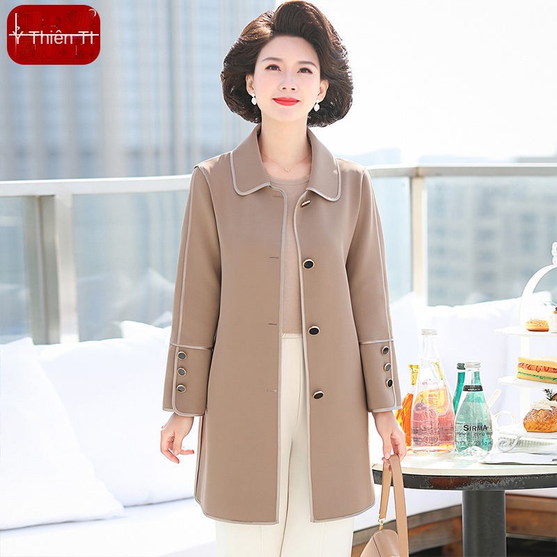 Áo khoác dạ dáng dài mùa xuân và mùa thu của mẹ, trang phục mới của phụ nữ trung niên và cao tuổi năm 2021