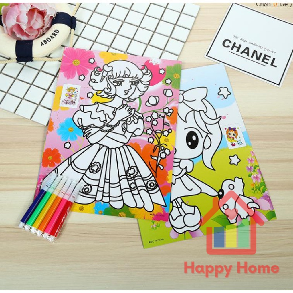 Set 2 tranh tô màu bút dạ cho bé có sẵn bút màu Happy Home