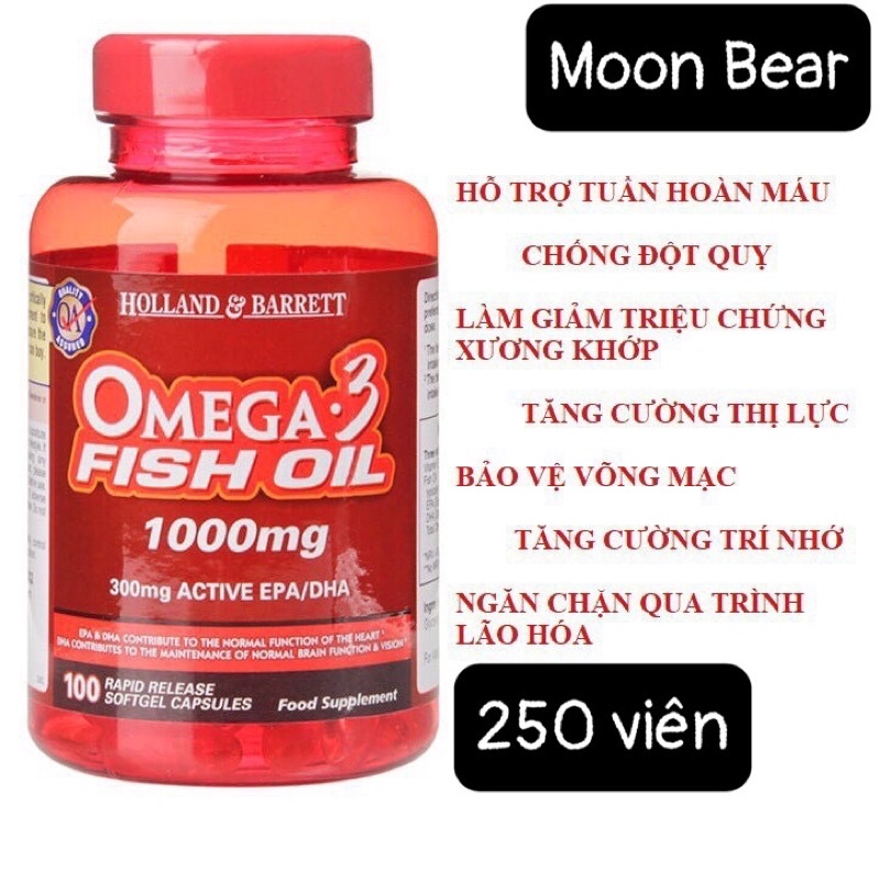 [HÀNG CHÍNH HÃNG] Dầu cá số 1 UK Holland & Barrett Omega-3 Fish Oil Đẹp Da, Sáng Mắt, Tốt Cho Tim Mạch 250 Viên