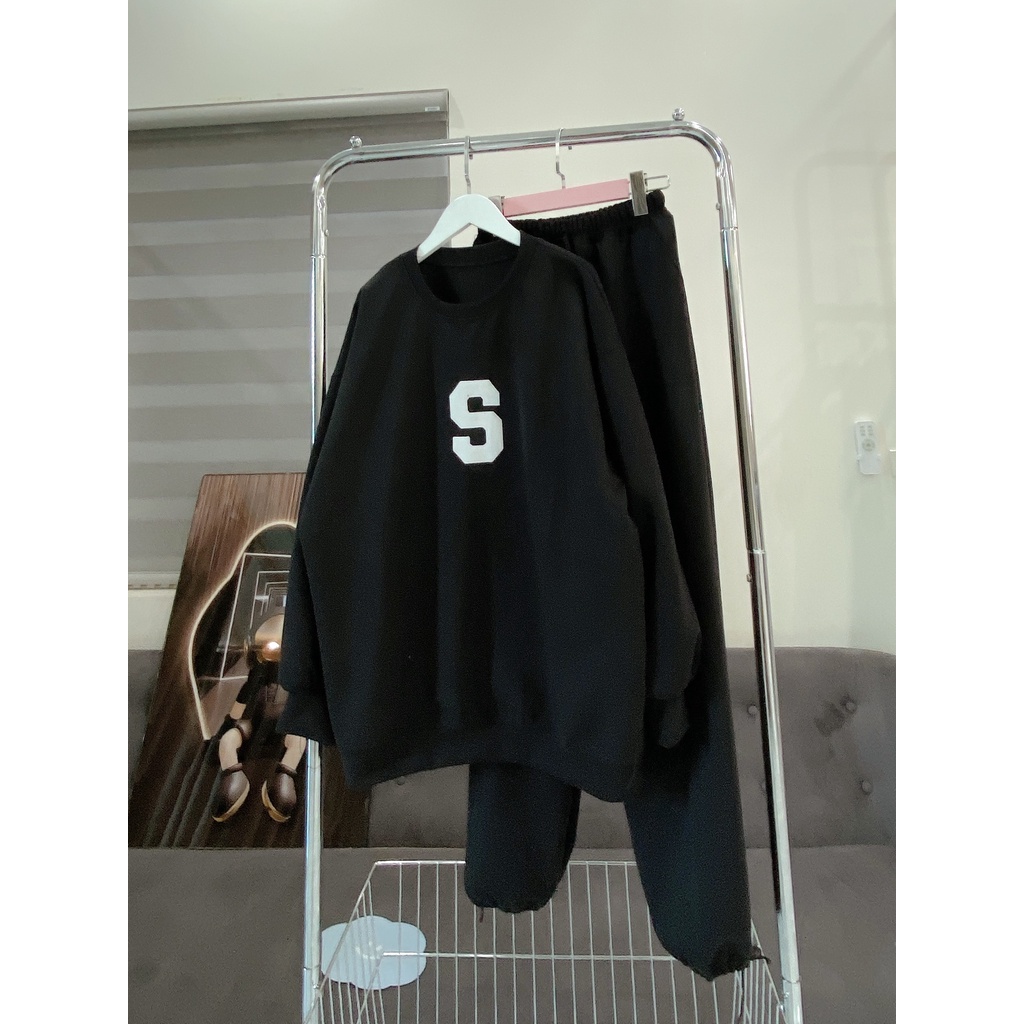 Set Bộ Chữ S Thêu Tăm Nam Nữ Unisex Dáng Rộng Quần Bom Chun Basic
