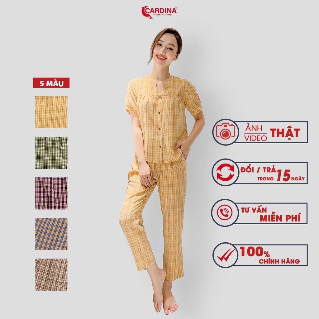 Đồ Bộ Nữ 𝐂𝐀𝐑𝐃𝐈𝐍𝐀 4 Màu Kẻ Chất Thô Nhật Cao Cấp Áo Cổ Tàu Cộc Tay Quần Dài Thoáng Mát Nhẹ Nhàng 2BTH01