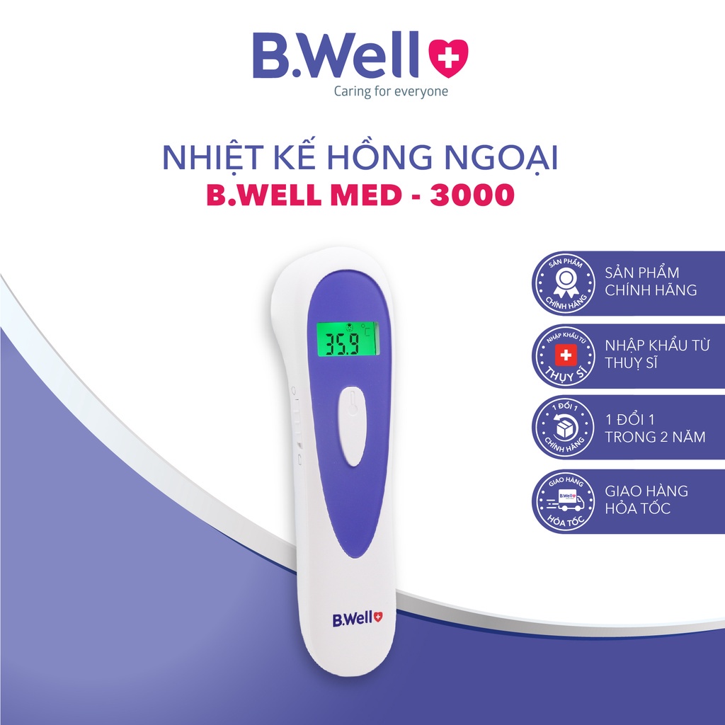 Nhiệt kế hồng ngoại B.Well Swiss Med-3000 trong 1s đo trán, vật thể, chất lỏng, thức ăn, có đèn led định hướng - Bảo hàn