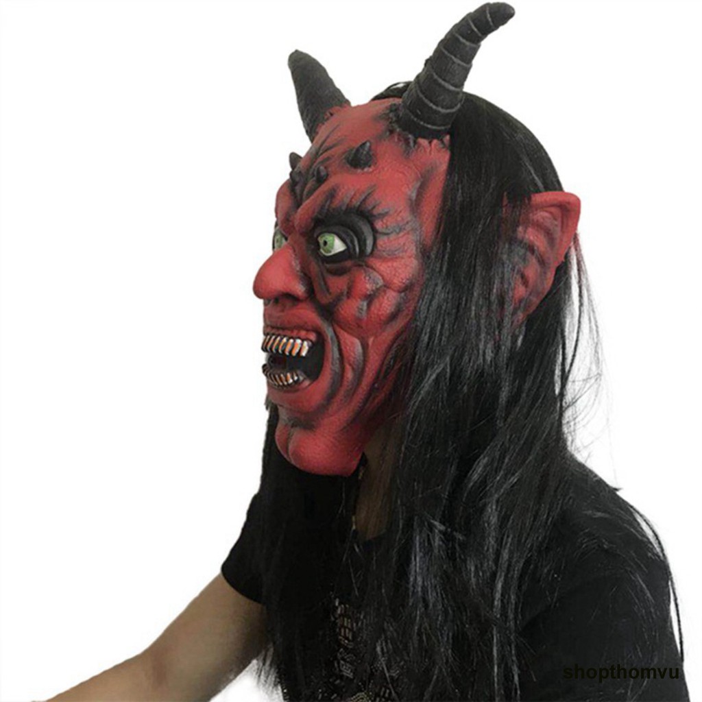 Mặt nạ quỷ vương đỏ 2 sừng kèm bộ tóc đen dài dùng trong hóa trang halloween,trung thu,sự kiện,lễ hội độc đáo