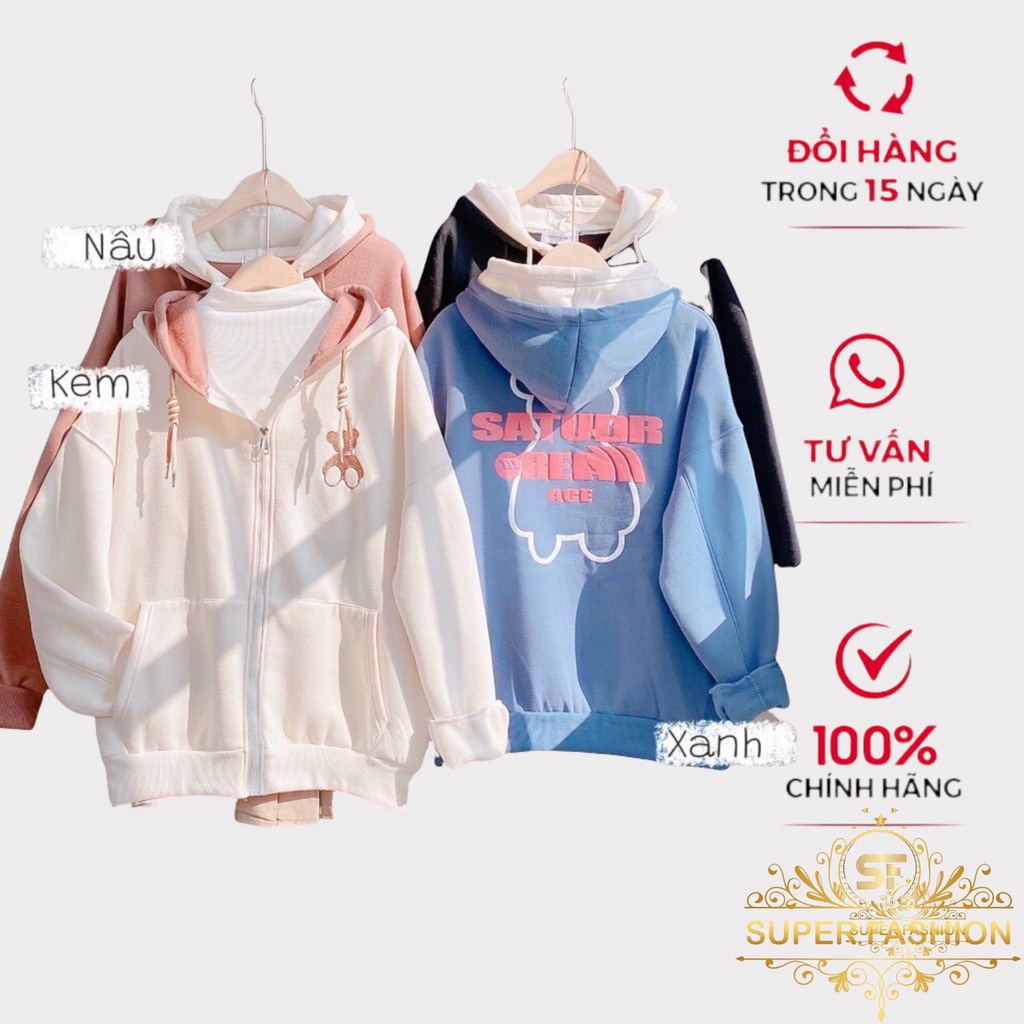 [Mã BMLT35 giảm đến 35K đơn 99K] Áo Khoác Hoodie Nam Nữ IN Gấu SATUDR Kiểu Khóa Kéo Phối 2 Nón Thời Trang Super Fashion