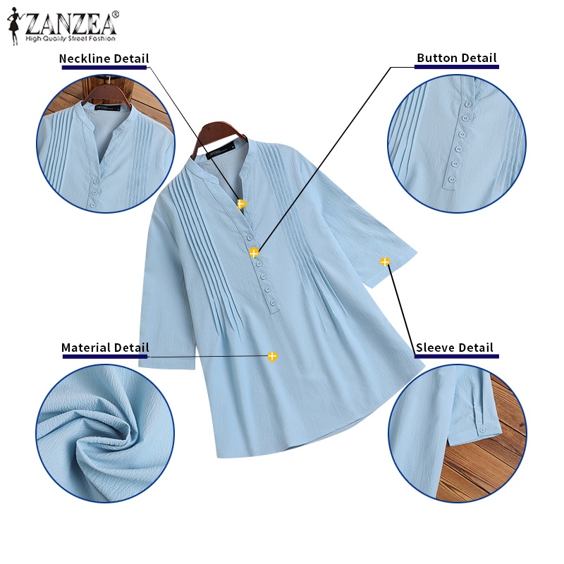 Áo kiểu Zanzea cổ chữ v cài nút tay lửng thời trang cho nữ