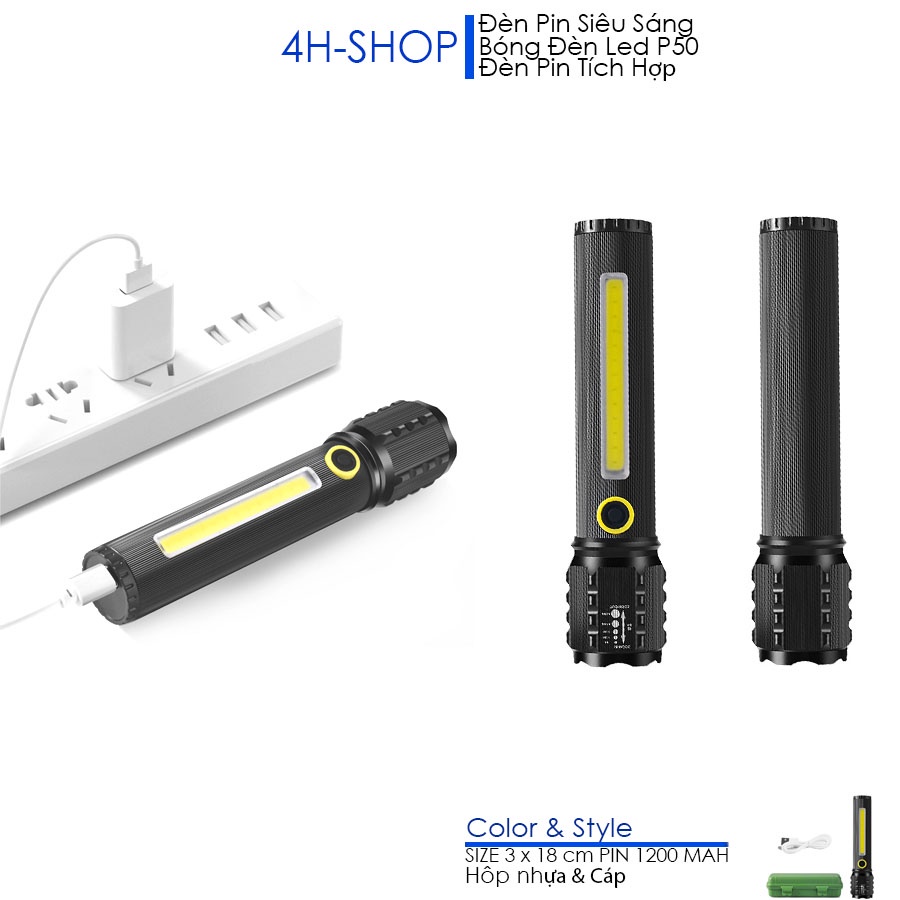 Đèn pin siêu sáng Led P50 đèn cạnh COB, dùng pin sạc 1200mah, kèm hộp nhựa và cáp sạc cổng USB.