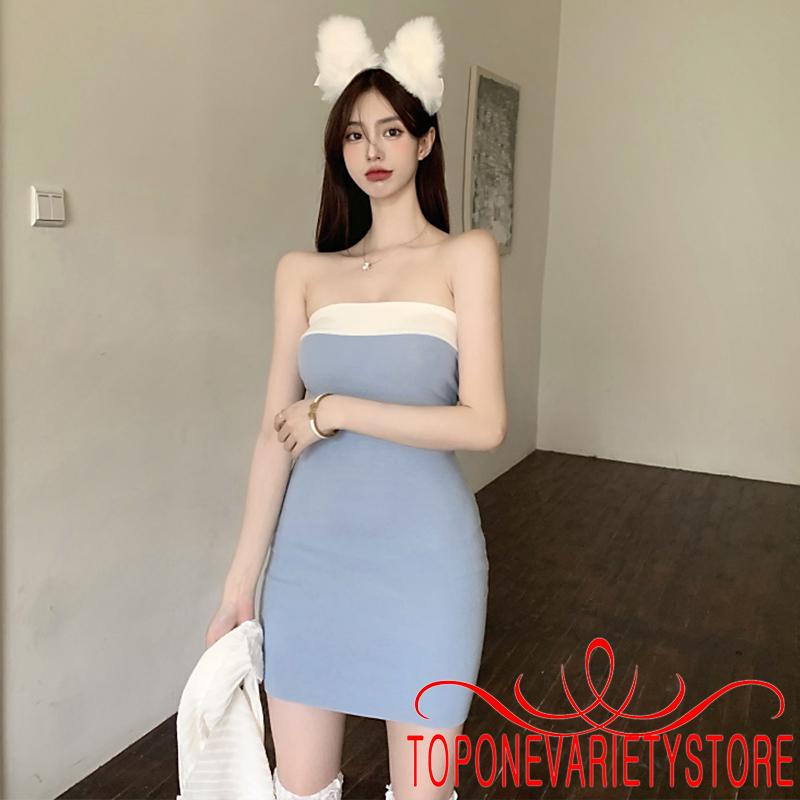 TOPQ-Women´s Bodycon Mini Dress Fashion Strapless Contrast Color Slim Fit Knitted Korean Style Dress