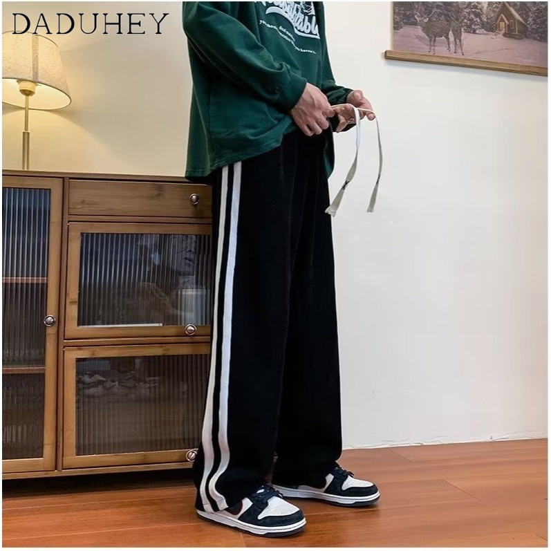 DaDuHey Men's Autumn Fashion Brand Loose Striped Casual Pants Ins Corduroy Straight Wide Leg Sports Pants
