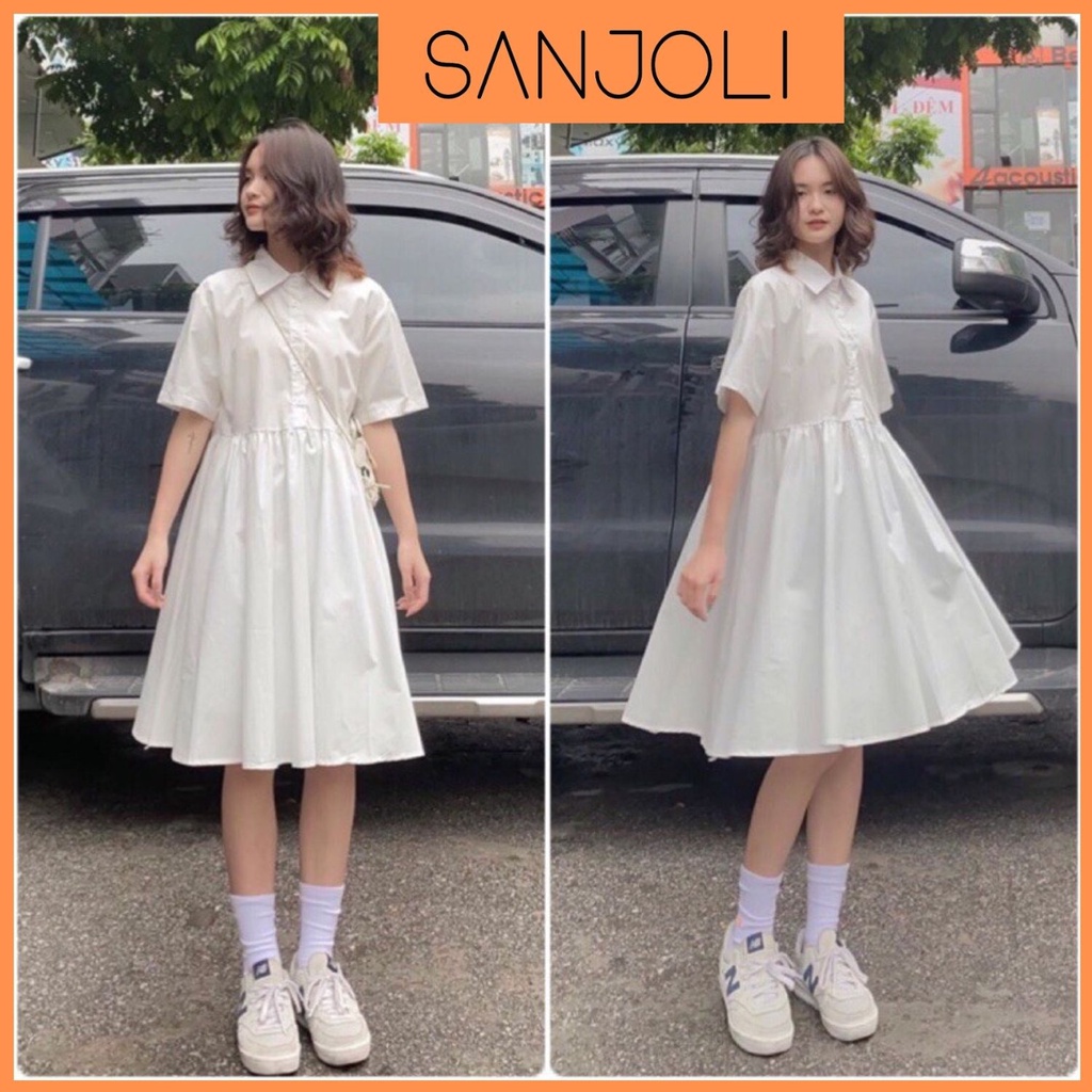 Váy Babydoll Trắng Tay Ngắn Dáng Xòe SANJOLI Đầm Đi Dự Tiệc Cưới,Đi Chơi,Form Rộng Cổ Sơ Mi Ulzzang Hàn Quốc VD044 - Hàn