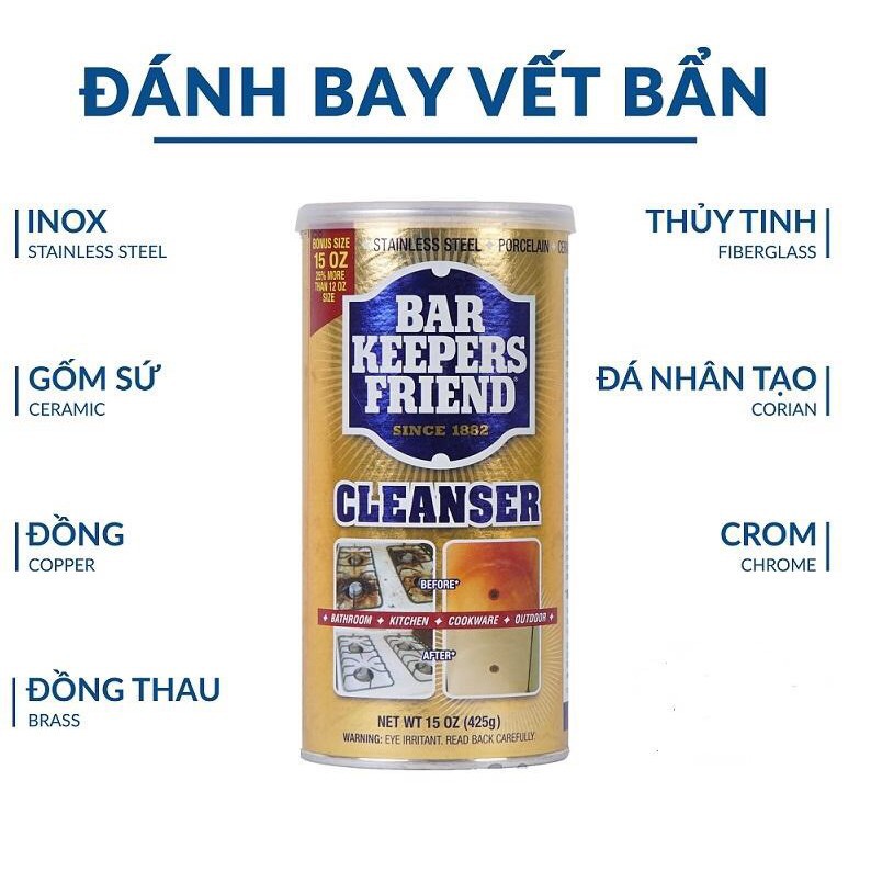 Bột làm sạch vách kính, bàn ăn hàng Mỹ Bar keepers friend