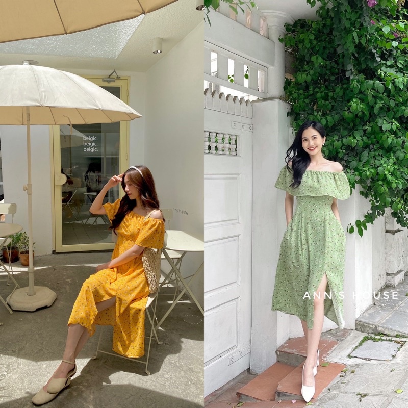 Váy trễ vai hoa chiết ly eo xẻ tà