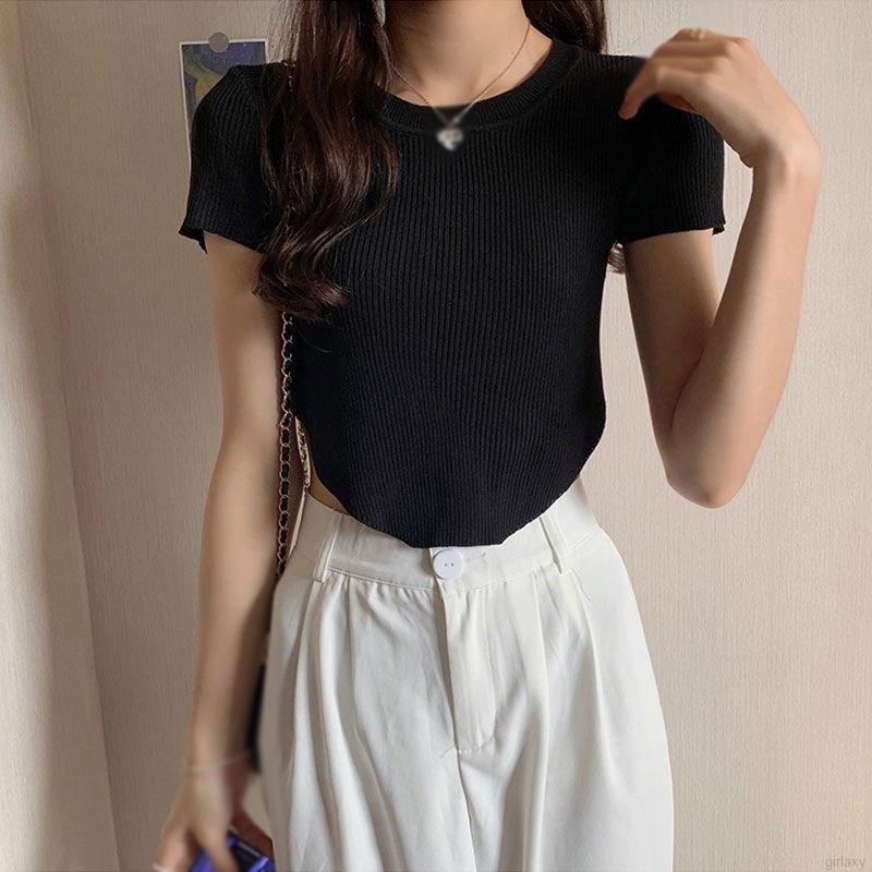 Áo Croptop Dệt Kim Tay Ngắn Cổ Tròn Màu Sắc Đơn Giản Phong Cách Hàn Quốc Cho Nữ