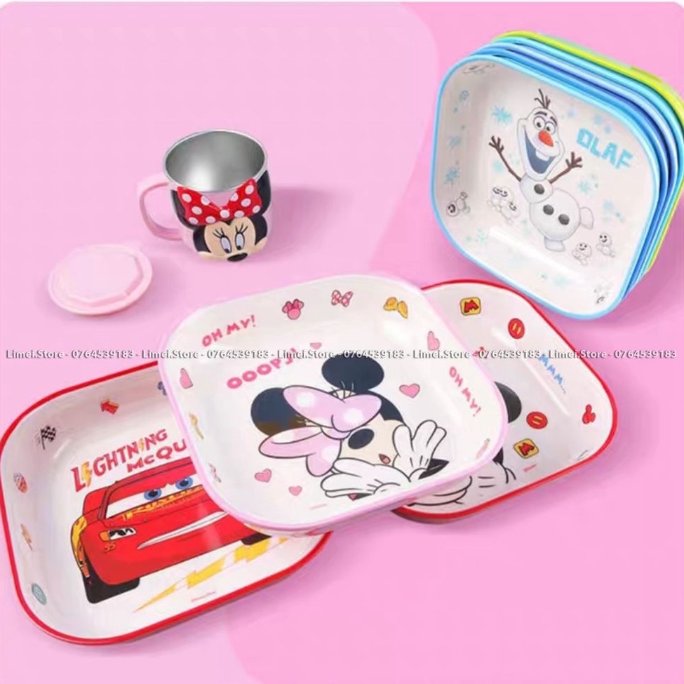Dĩa ăn dặm , Đĩa vuông Melamine Elsa Frozen Car Mickey Minnie cho trẻ em Disney