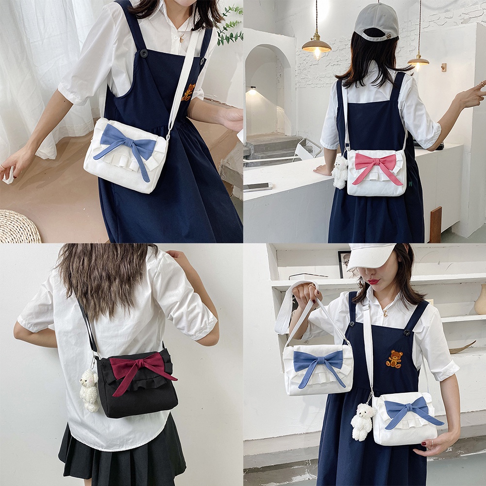 Túi Đeo Chéo Canvas Đính Nơ Phong Cách Retro Cho Nữ