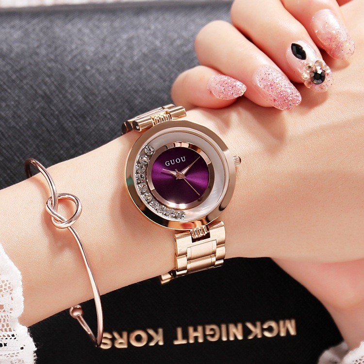 Đồng hồ đeo tay nữ chính hãng Guou dây thép vàng hồng đá chạy đẹp chống nước 8039
