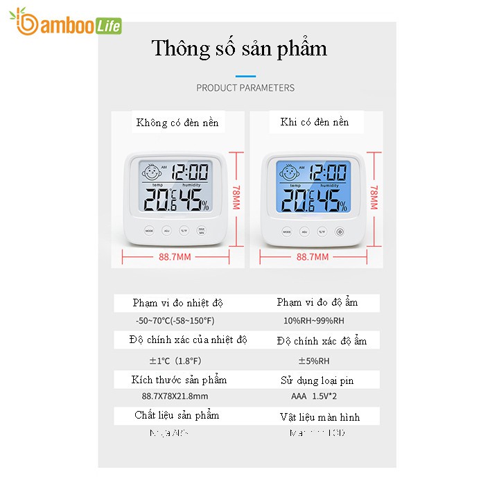 Nhiệt Ẩm Kế Điện Tử Bamboo Life 3 trong 1 Đo Nhiệt Độ Và Độ Ẩm Phòng Ngủ Cho Bé