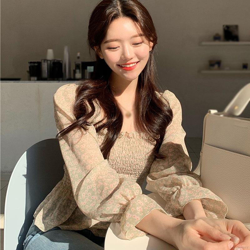 Áo Voan Dài Tay In Hoa Với Thiết Kế Cổ Vuông Xinh Xắn Theo Phong Cách Retro Hàn Quốc | BigBuy360 - bigbuy360.vn