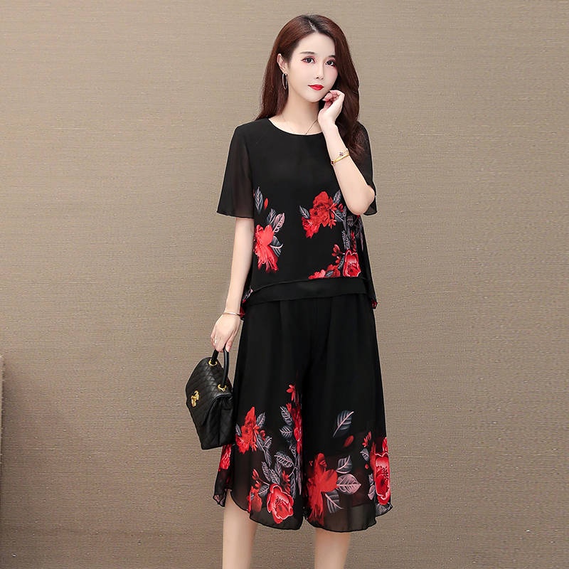 Bộ Áo chiffon + Quần Ống Rộng Thời Trang Mùa Hè Năm 2021 Mới Dành Cho Phụ Nữ Trung Niên