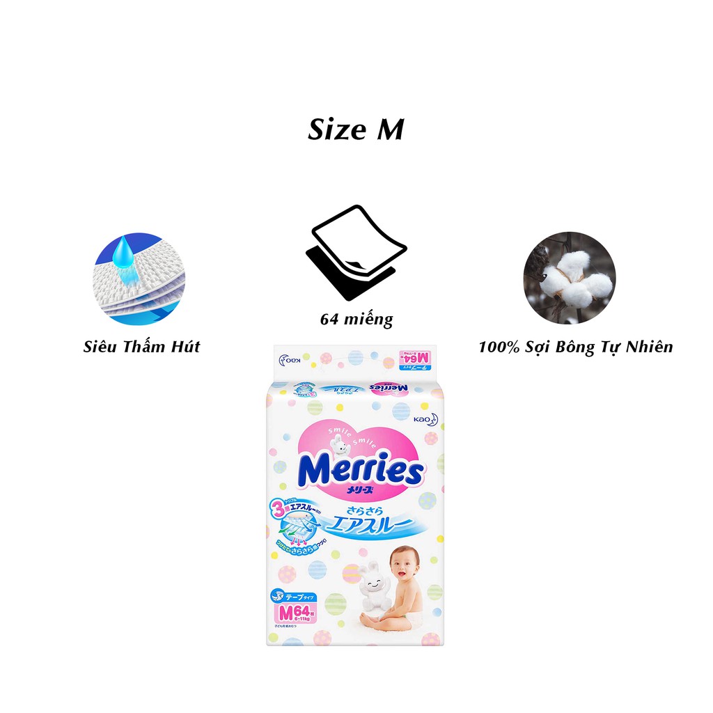 [NHẬT BẢN] Tã Dán Merries Size M (64 Miếng)