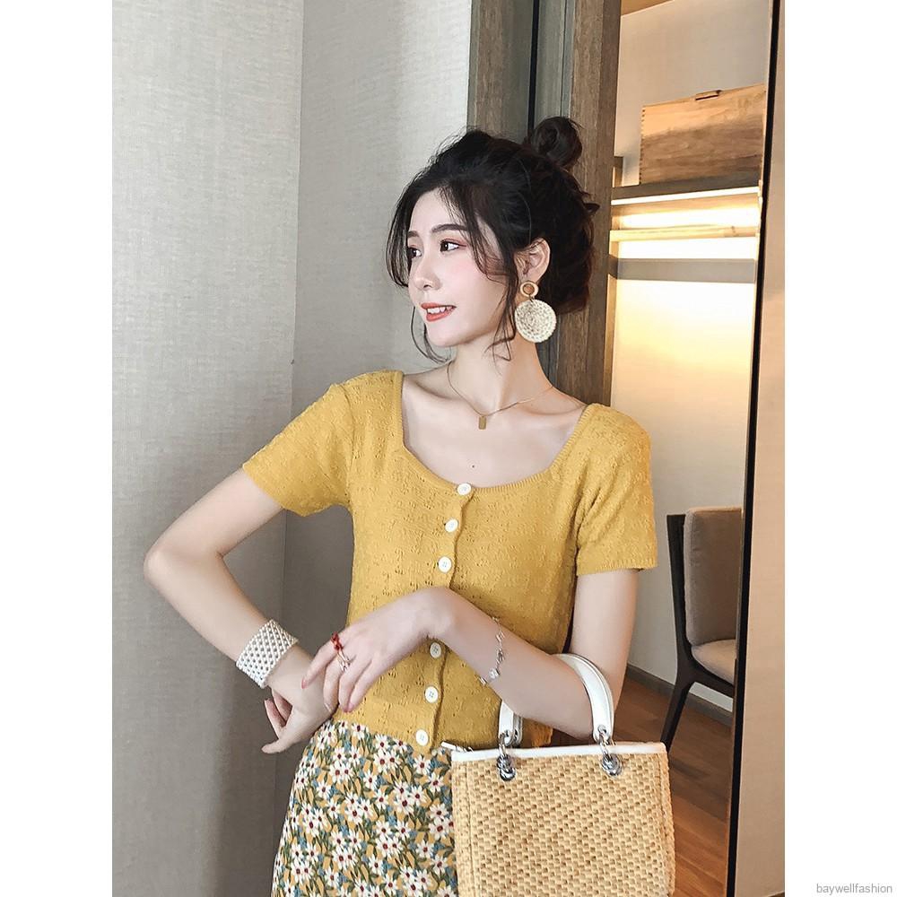 [Baywellfashion]Áo dệt kim tay ngắn phối nút thiết kế đơn giản hợp thời trang | BigBuy360 - bigbuy360.vn