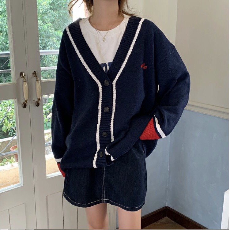 {HCM / CÓ SẴN} ÁO KHOÁC LEN CARDIGAN XANH ĐEN PHỐI VIỀN OVERSIZE PHONG CÁCH HÀN QUỐC