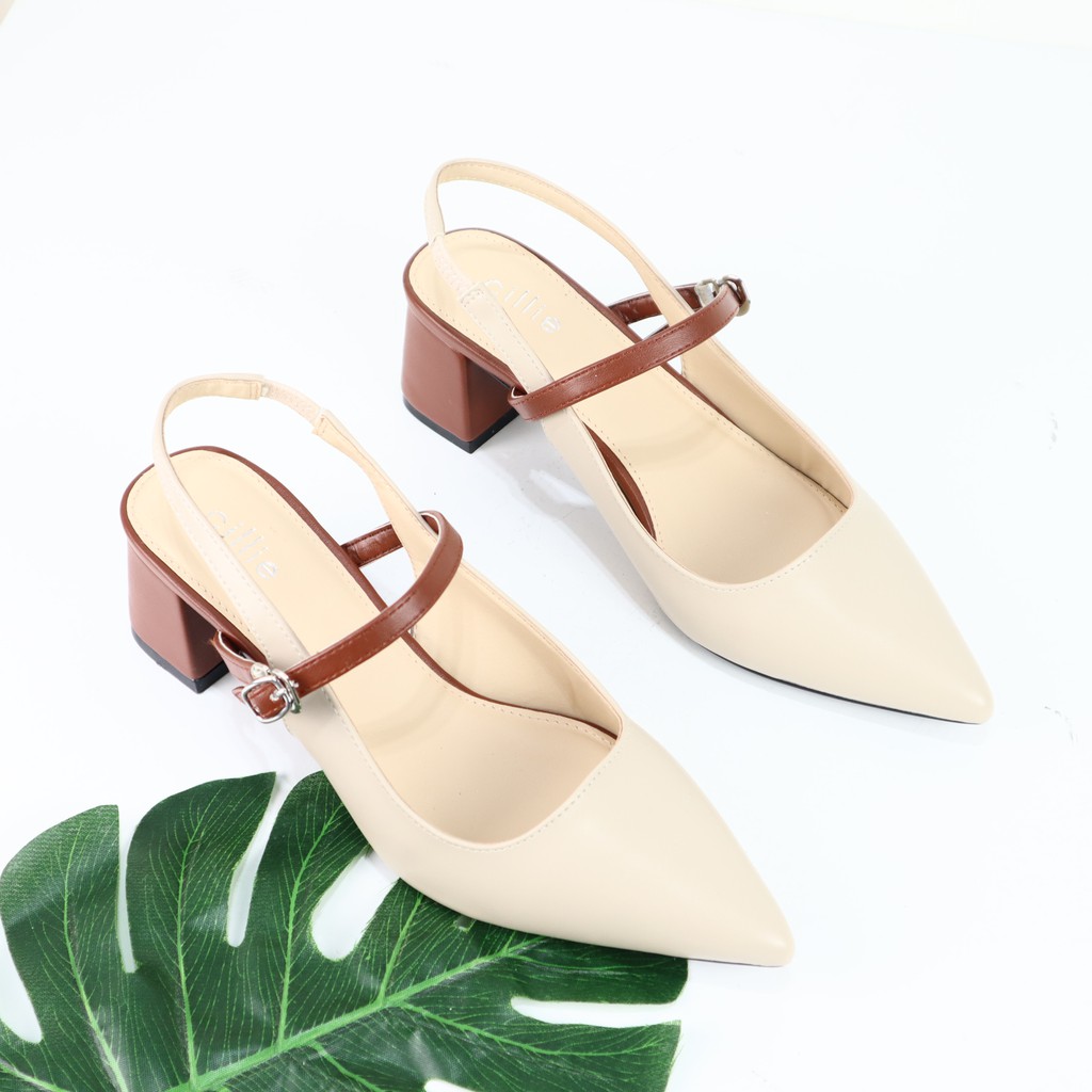 Giày sandal nữ mũi nhọn thanh lịch phối màu độc đáo gót vuông 5cm đi chơi đi làm Cillie 1172