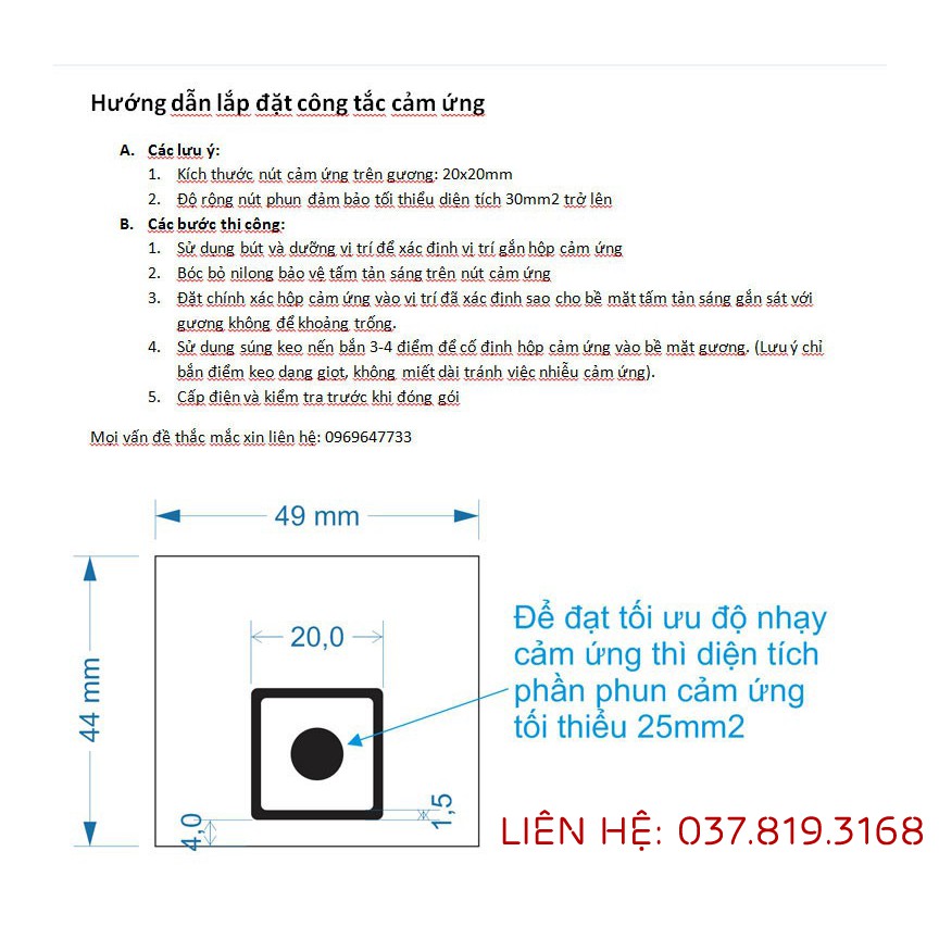 Công tắc cảm ứng gương loại tắt bật cho led 220V