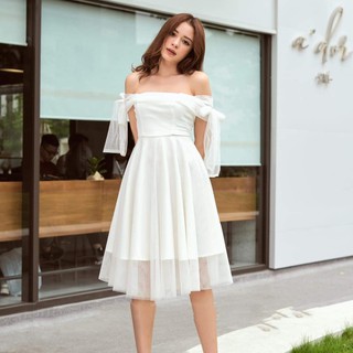 Đầm váy dự tiệc đầm trắng trễ vai cột tay nơ dáng xòe phối lưới minky dress sang trọng