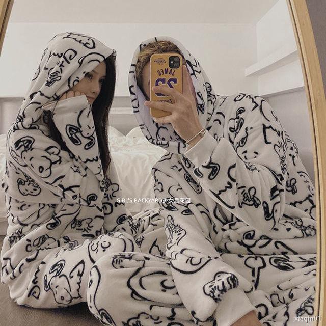 Bộ Đồ Ngủ Vải Flannel Dày In Hoạt Hình Snoopy Kiểu Nhật Bản Thời Trang Mùa Đông Cho Các Cặp Đôi