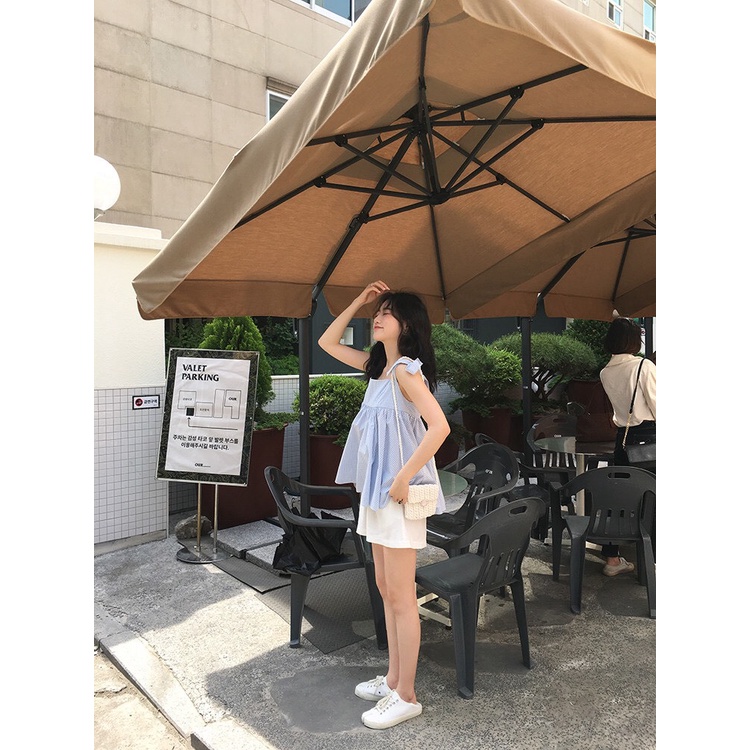 [Ảnh thật] Set áo 2 dây babydoll kẻ xanh thắt nơ vai kèm quần sooc trắng - Bộ áo 2 dây mix quần đùi trắng