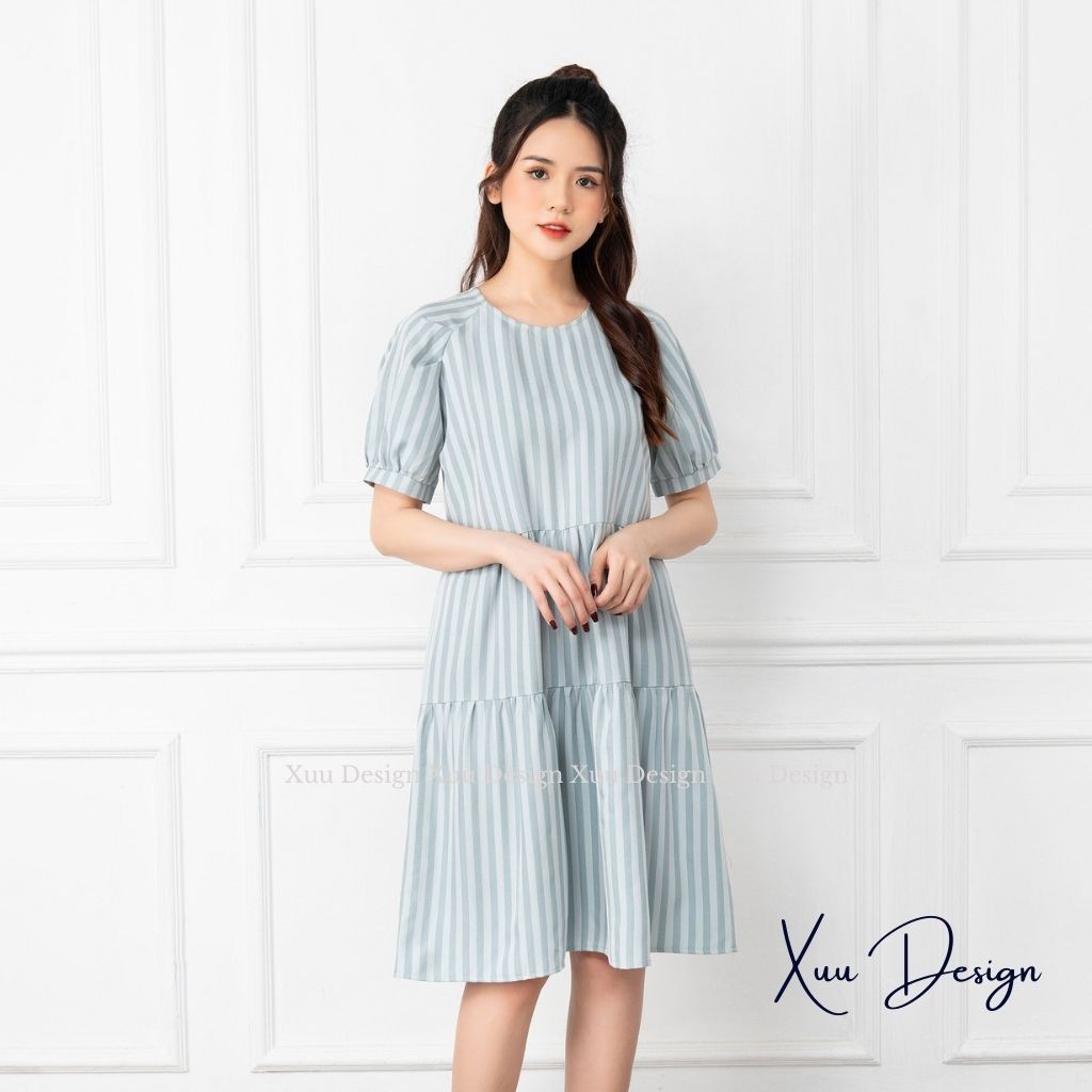 Váy babydoll kẻ sọc xanh trẻ trung, đầm suông dáng dài xếp tầng nhẹ nhàng thanh lịch - Wexuu Design V07