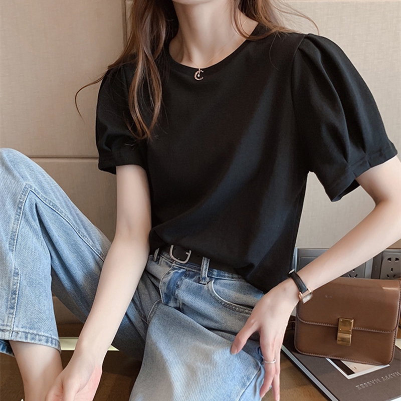 Áo Thun Tay Phồng Mềm Mại Màu Trơn Phong Cách Phương Tây 4 Màu Tùy Chọn m-4xl