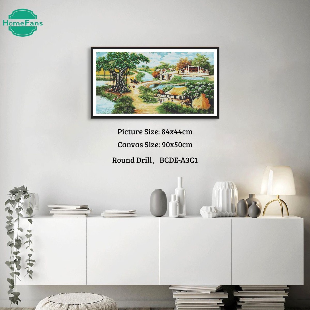 Bộ Tranh Đính Đá 5D Tự Làm Hình Phong Cảnh Làng Quê Cỡ Lớn 90x50cm