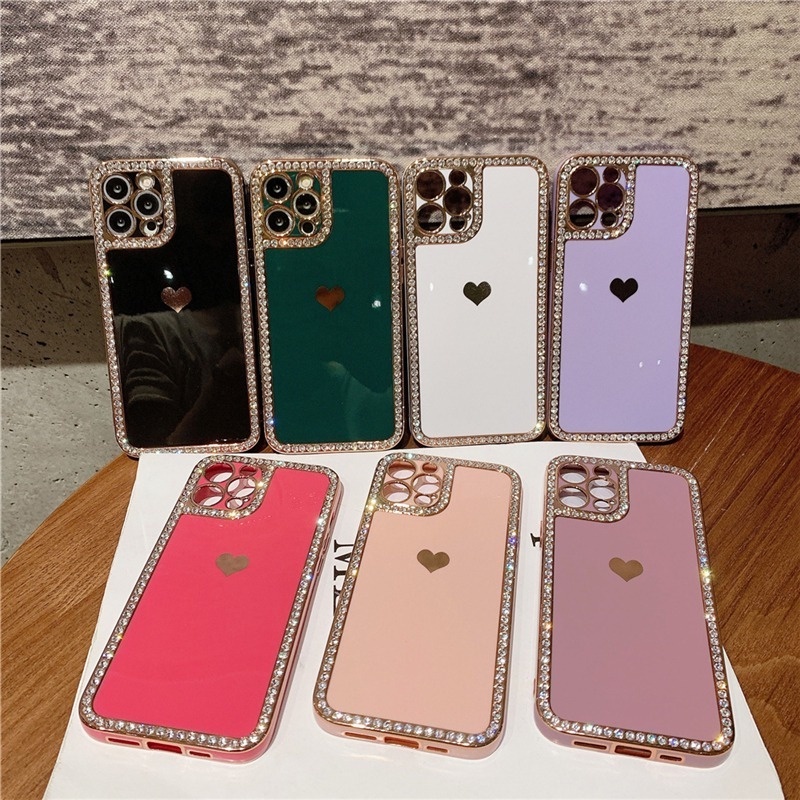 Ốp Điện Thoại Đính Đá Hình Trái Tim Dễ Thương Cho iPhone 11 12 13 Pro Max