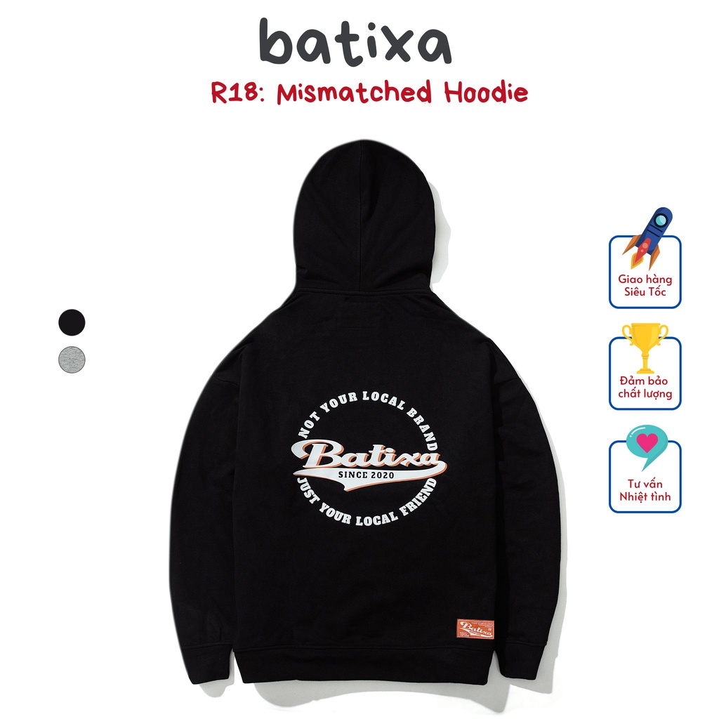 Áo Hoodie Nam Nữ Phối Hai Màu Đen Xám Mũ Rộng Hai Lớp Nỉ  Unisex  In Logo Cực Chất R18 Local Brand Chính Hãng BATIXA
