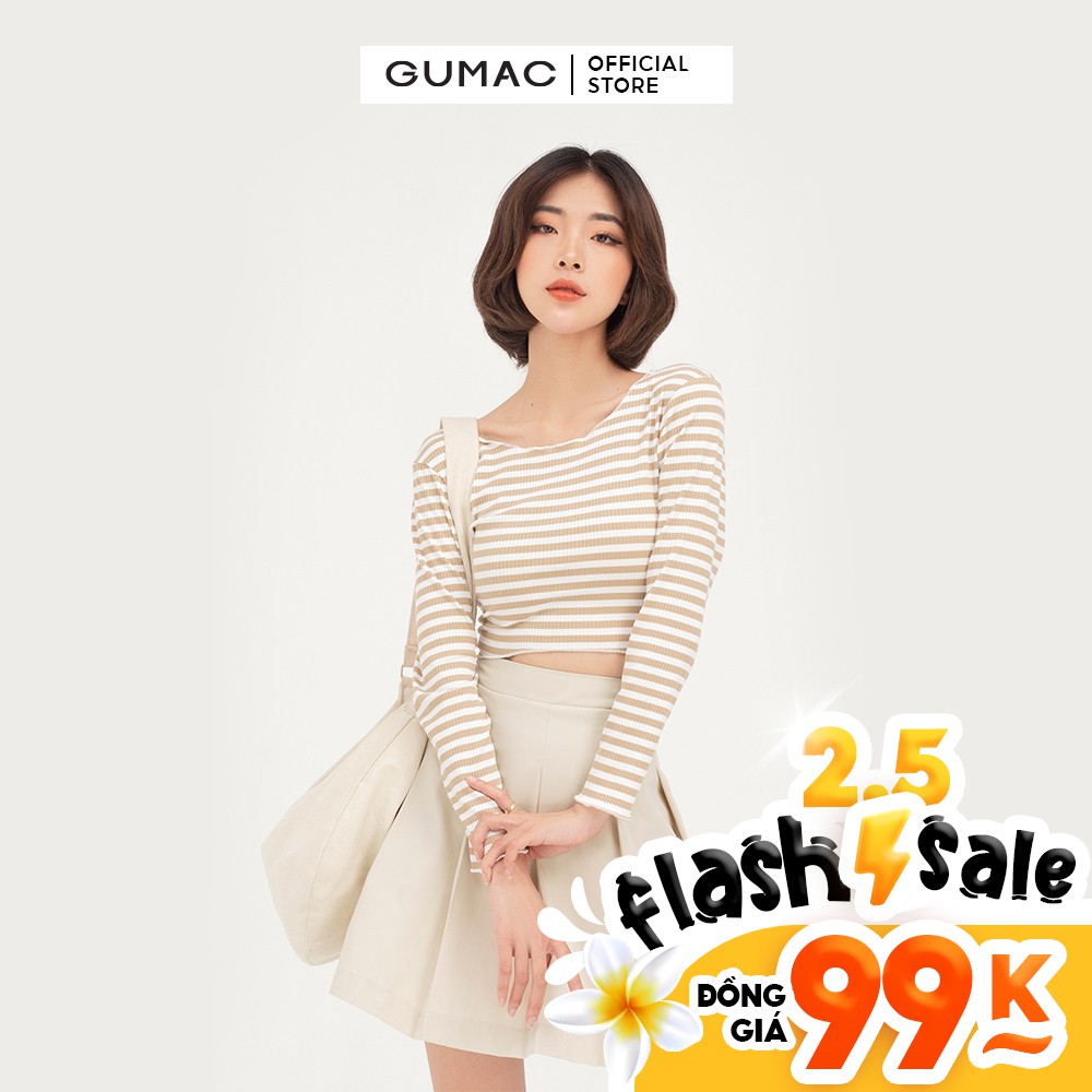Áo thun nữ croptop tay dài GUMAC họa tiết sọc ngang ôm body ATB412
