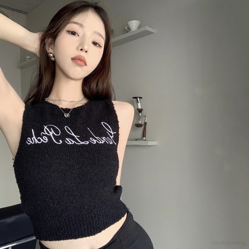 Áo Tank Top Cổ Tròn In Chữ Phong Cách Retro Thời Trang Cho Nữ