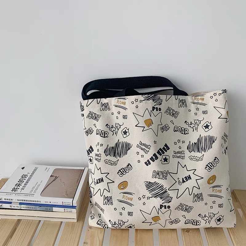 Túi tote có ngăn phụ và khóa kéo Sollle, vải canvas phong cách Hàn Quốc