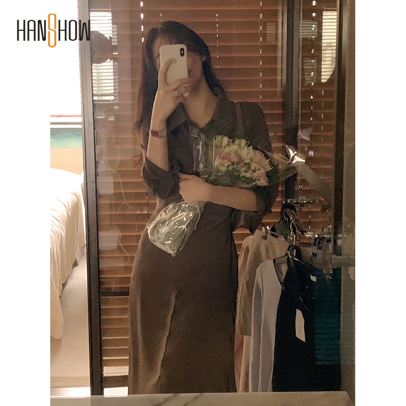 Đầm sơ mi dài tay thắt eo thiết kế thời trang thanh lịch cho nữ