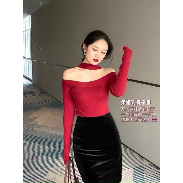 Áo len trễ vai choker bệt vai cực xinh