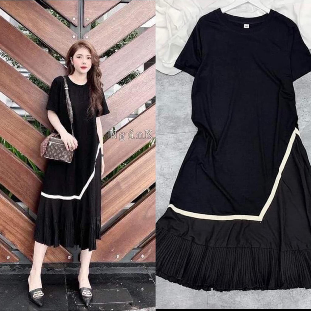 Váy bầu cao cấp chất cotton mát mềm mịn thấm hút mồ hôi kết hợp chân kẻ dập ly( free size 43~70kg)