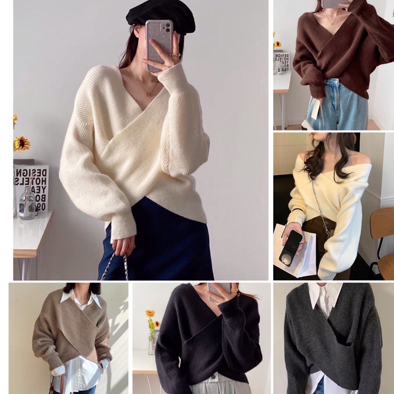 Áo len chéo vạt trễ vai quyến rũ che khuyết điểm hàng QCL1