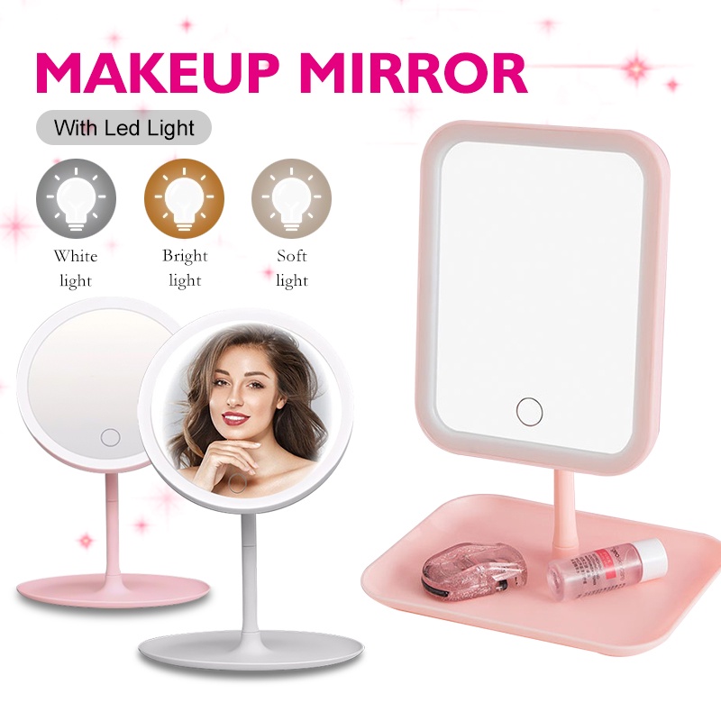 Đèn led gương trang điểm, Gương led để bàn hình chữ nhật cảm ứng với 3 chế độ sáng, sạc USB tiện lợi💝Có quả tắng💝