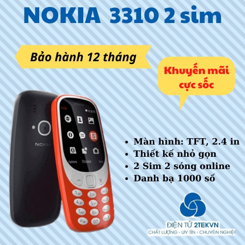 [Sốc] Điện thoại nokia 3310 2 sim màng hình 2.4 in giá rẻ pin trâu-Bảo hành 12 tháng